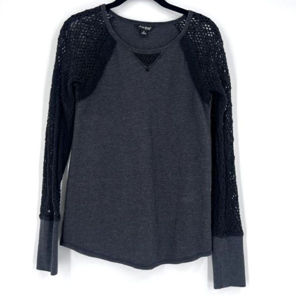 Lucky Brand Women's Crocheted Lace Raglan Sleeve Thermal Top Black Gray Sz Small